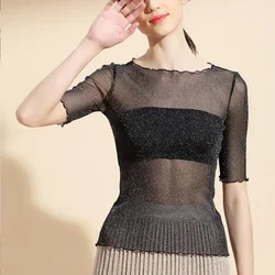 Women Y2K Shirt Silver Shiny Transparent Elastic T Shirt Girl Short Sleeve O NeckT-Shirt Female Blouses S-2XL Top Spring Summer