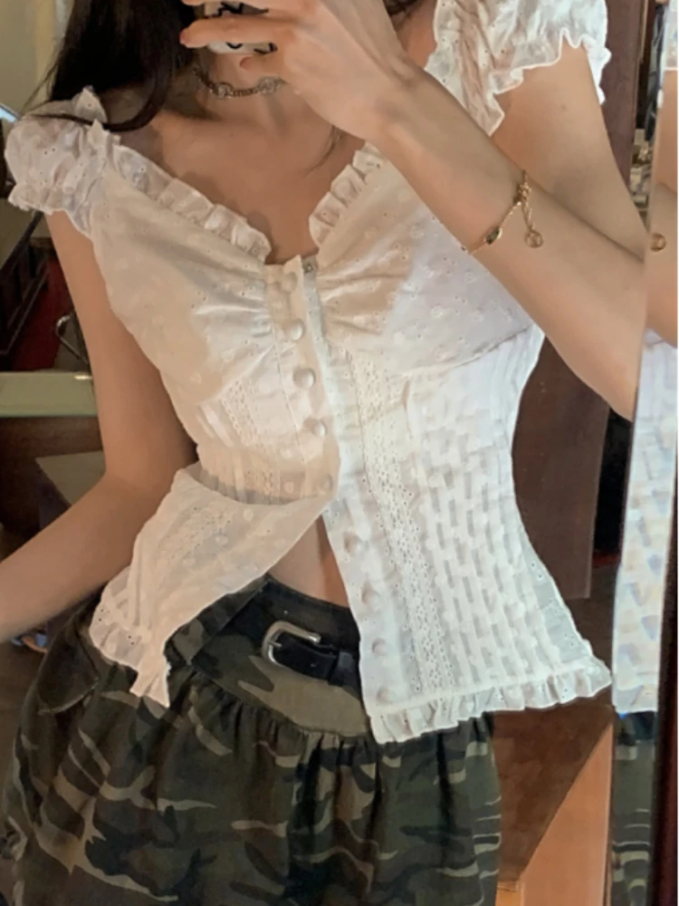 

Harajuku Hottie Lace Y2k Tops Women Vintage White Design Sense Sweet Puffy Sleeve T-shirt Fashion Female Korean Popular Clothes