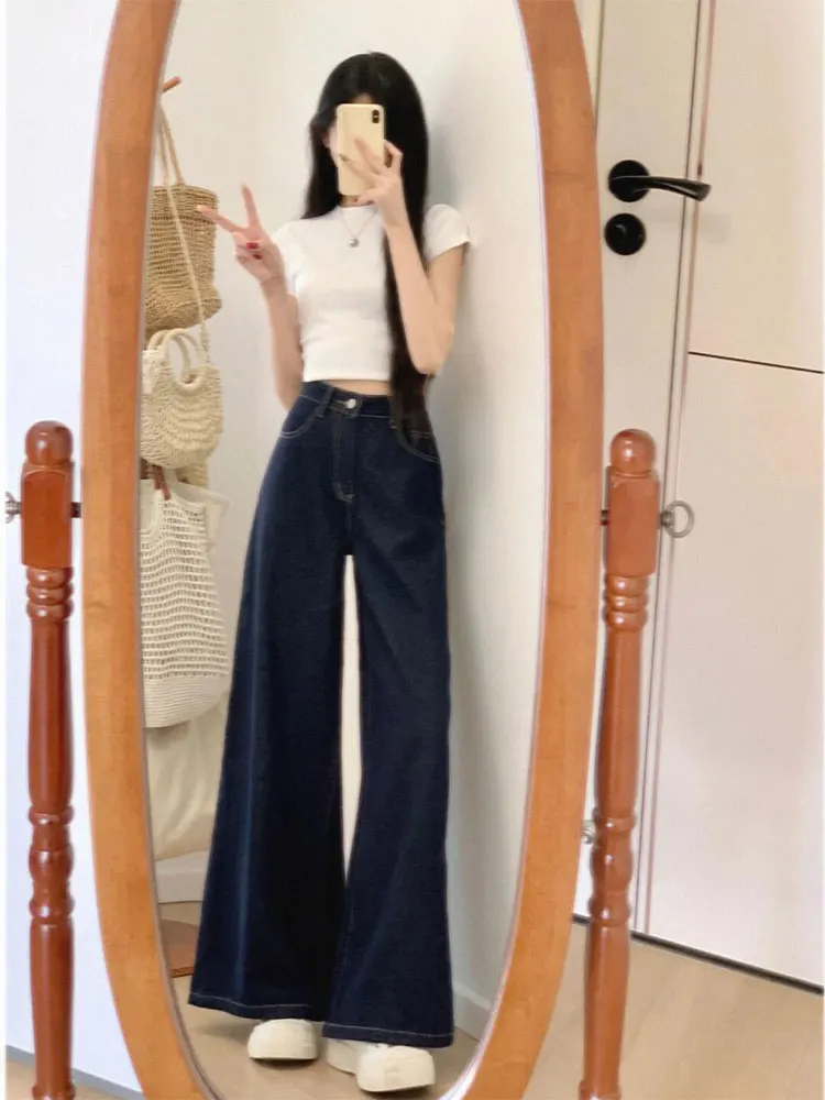 

2024 Women Spring Summer New High Waist Wide Leg Jeans Female Loose Solid Color Trousers Ladies Thin Long Denim Pant L276