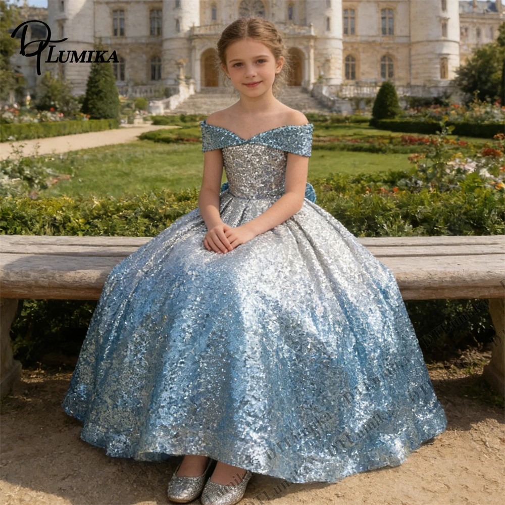 

Ombre Sequin Flower Girl Dress – Off Shoulder, Puff Sleeve & Long Train – Princess Gown for Wedding, Birthday Party Formal Dress
