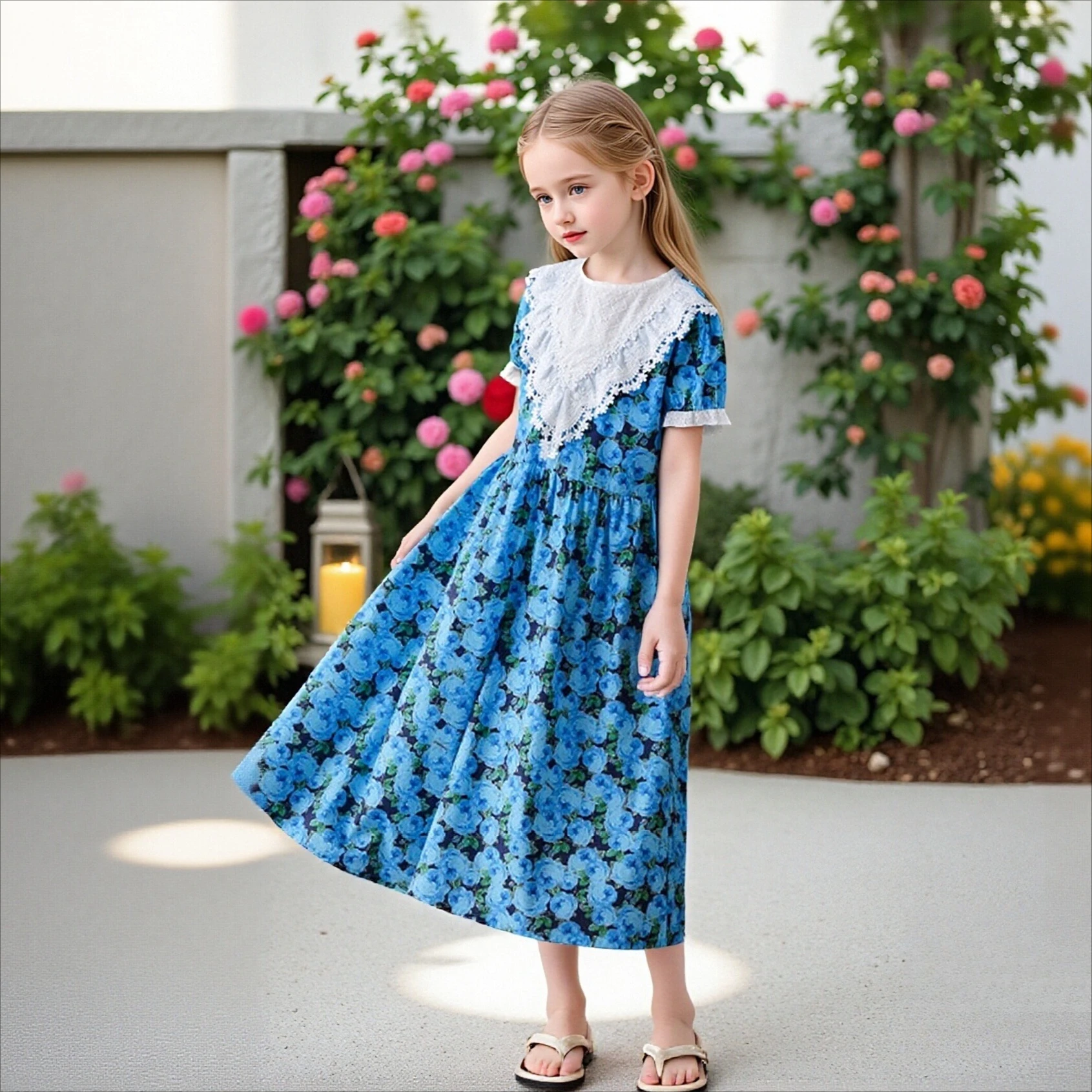 Girls Blue Rose Floral Dress Lace Collar Puff Sleeve Dress Ruffle Trim Kids Summer Casual Party Wear Teen Holiday & Daily Outfit