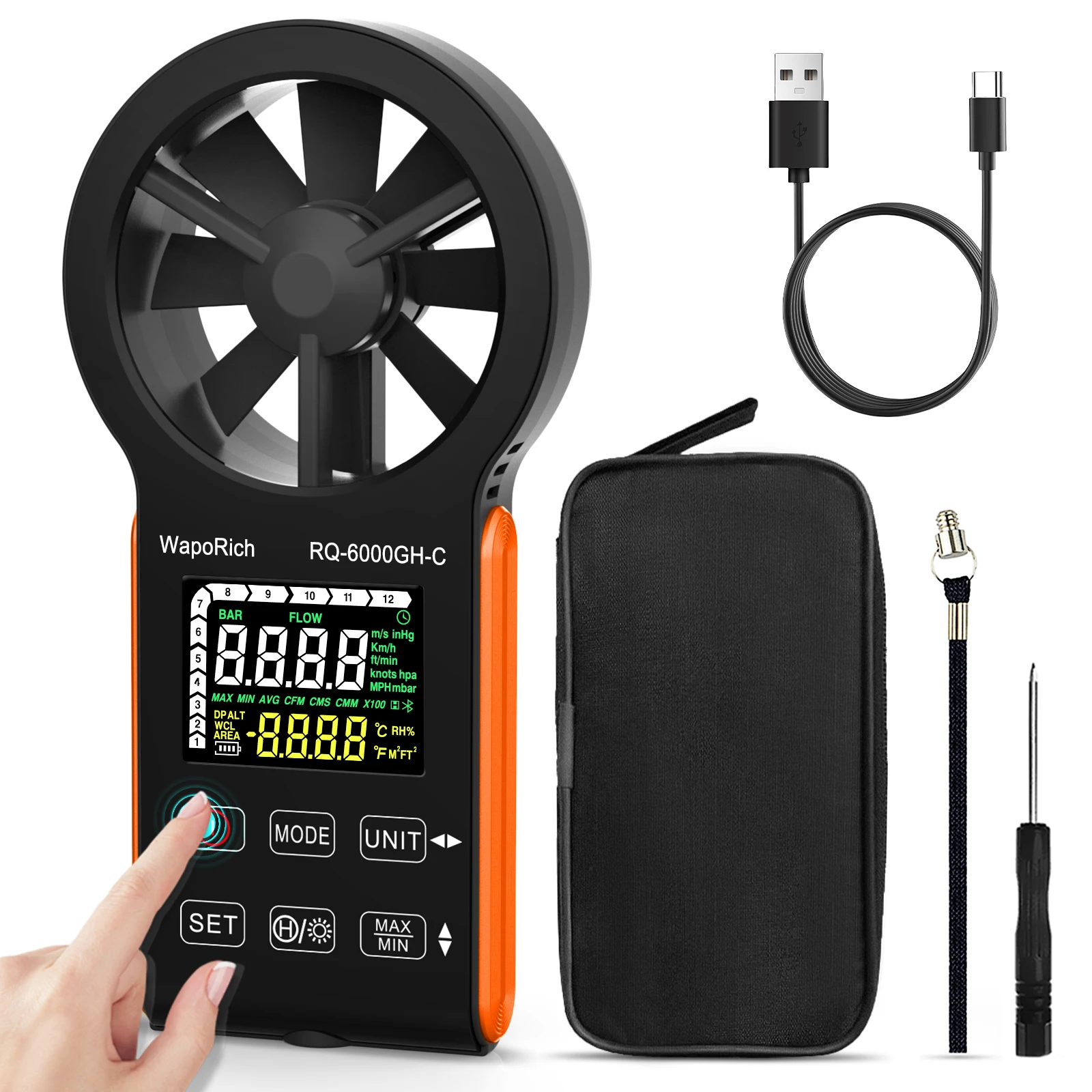 

HoldPeak Rechargeable Anemometer, HVAC Anemometer Waterproof Anemometer Color Touch-Screen, Air Flow Meter Handheld HP-6000GH-C