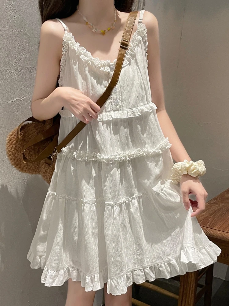 Summer Beach Tie Waist Sweet A-Line Strap Dr Women's Summer Vest Dr White Dr Cotton Gauze High Waist Button Detail