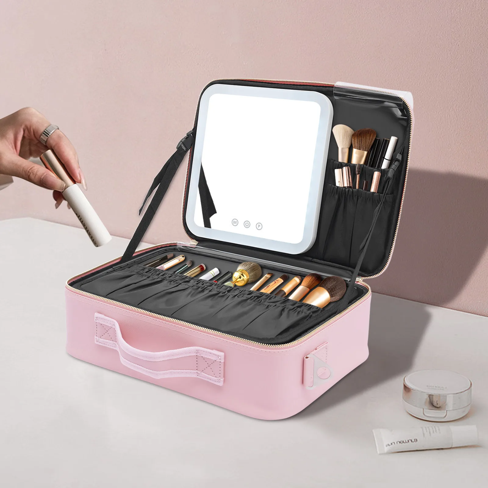 Makeup Bag with Mirror and Lights 3 Color Settings Travel Makeup Train Case Cosmetic Bag Organizer Portable Artist Storage Bag