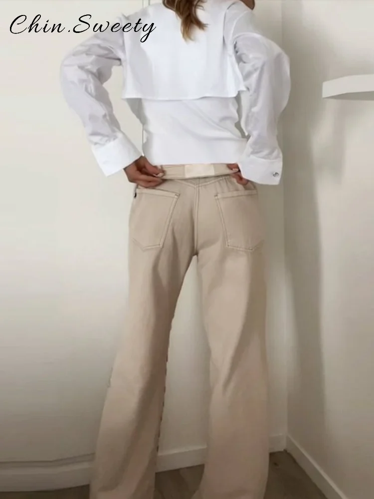 ヴィンテージリベットデニムトラウザーズ レディース 無地ボタンポケット スリムストレートワイドレッグパンツ 2025秋冬 レディース ハイストリートジーンズ