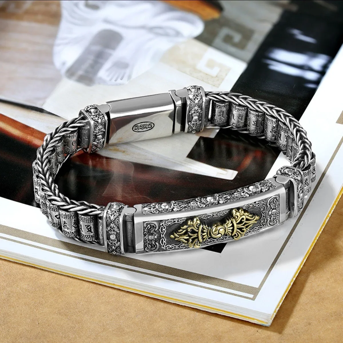 Domineering S925 Sterling Silver Seiko Retro Diamond Pestle Six Character True Word Transport Wheel Fortune Men's Bracelet Gift