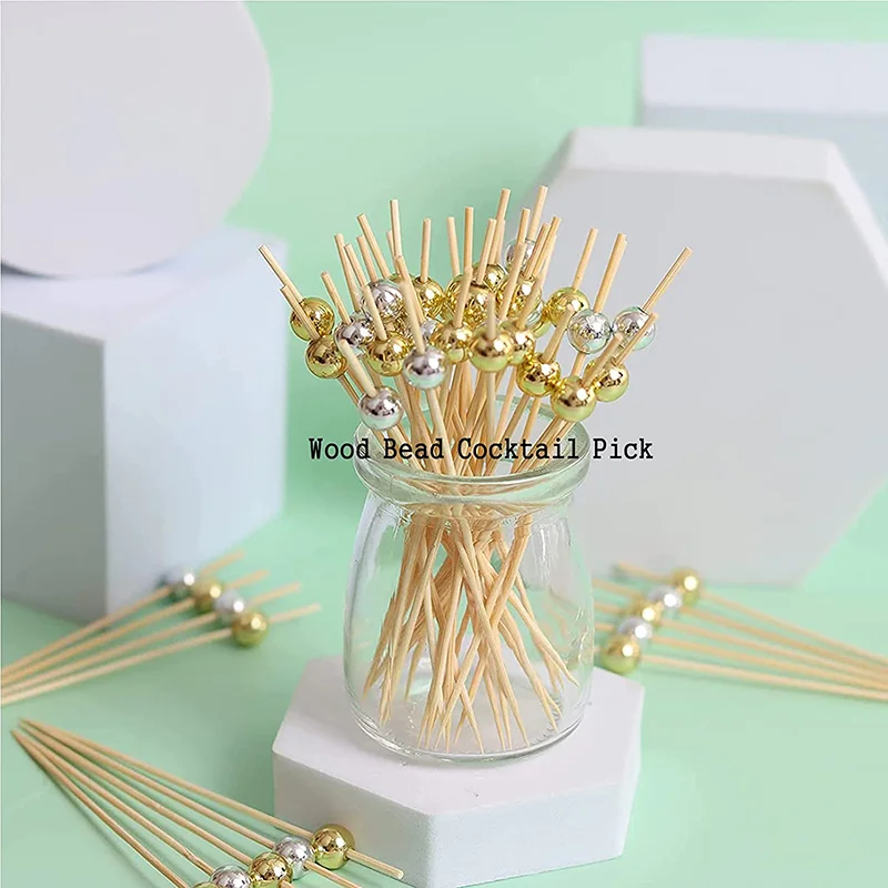 100Pcs Gold Beads Bamboo Fruit Sticks 12cm Fruit Salad Snack Fork Cocktail Decor Cake Buffet Toothpicks Wedding Party Supplies