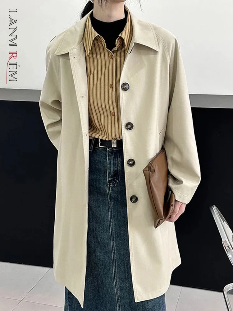 

[LANMREM] Minimalism Mid-length Trench For Women Lapel Single Breasted Office Lady Fit Windbreaker 2024 Autumn New 26D9760