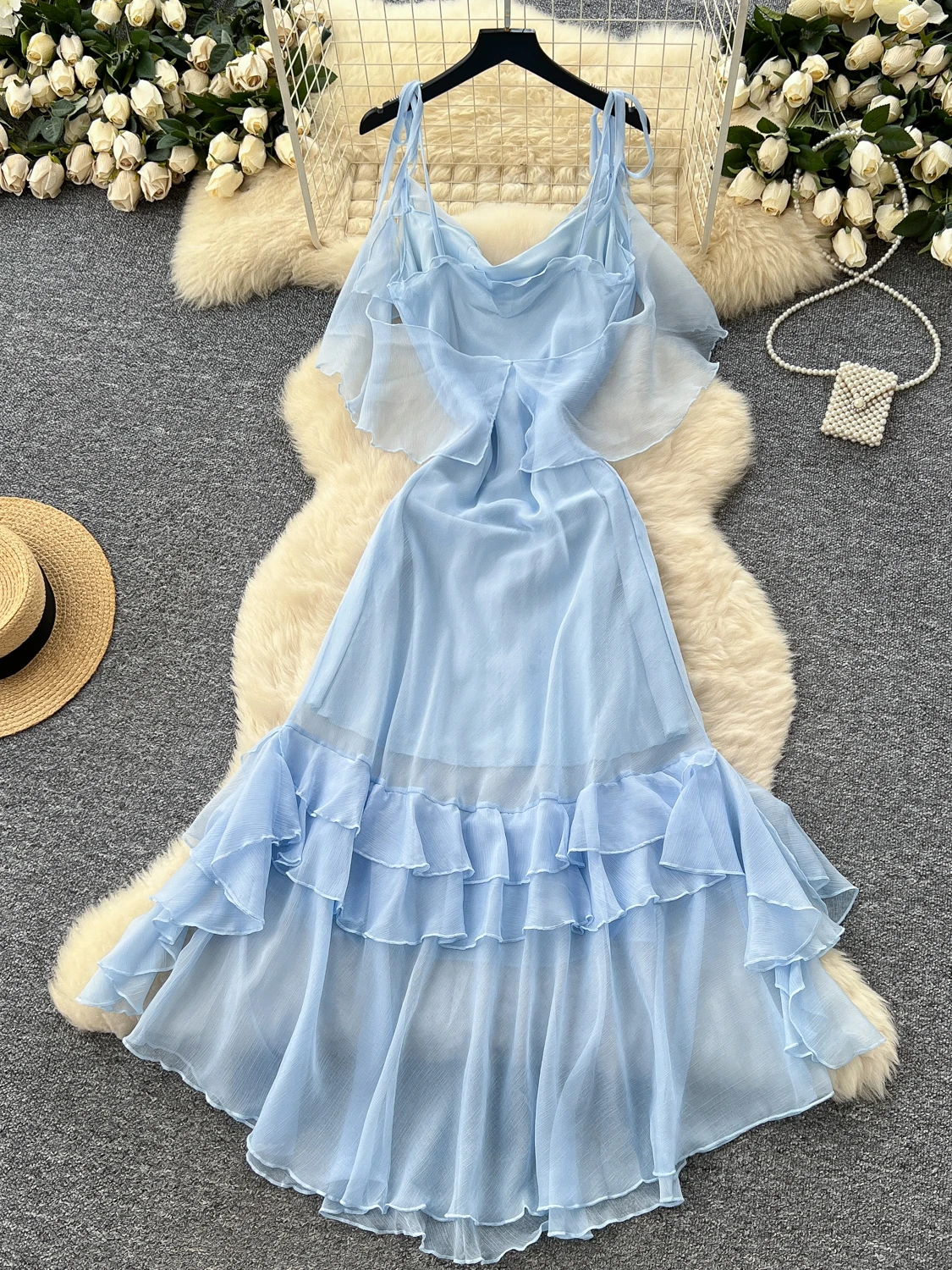 Niebieska Letnia Sensacja Projektancka Damska Sukienka z Odkrytymi Ramionami, Długa Spódnica na Ramiączkach, Wysoki Stan, Krój A-Line, Midi, Styl Koreański