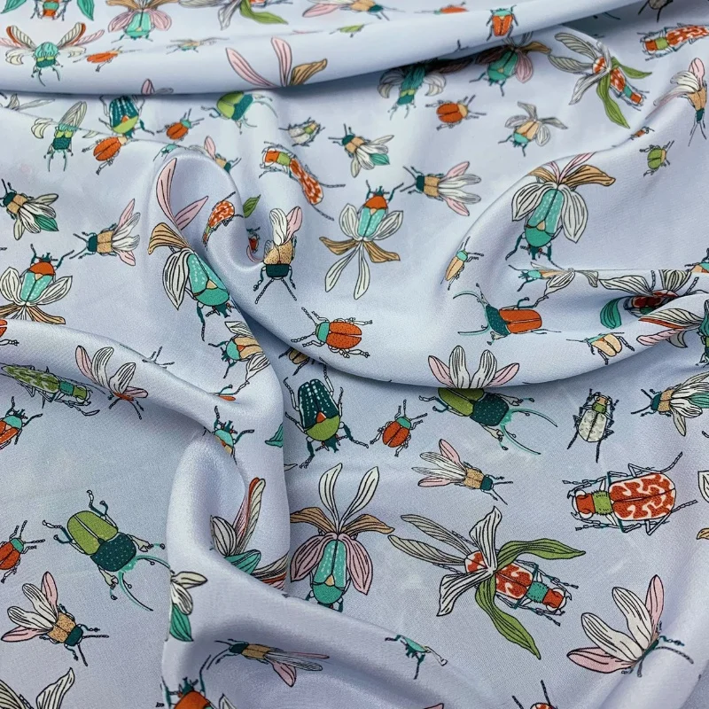 

1 meter 100% Mulberry Silk 16 momme Crepe Silk Fabric Light Blue with Insect Printed 140cm 55" wide by the yard JX053