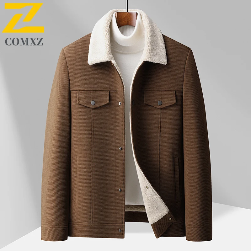 COMXZ ฤดูหนาวผ้าขนสัตว์ผสมเสื้อใหม่ชายบุเสื้อทำงานเสื้อแจ็คเก็ตบุรุษแฟชั่นคอปกอบอุ่นเสื้อแจ๊กเก็ตกันลม
