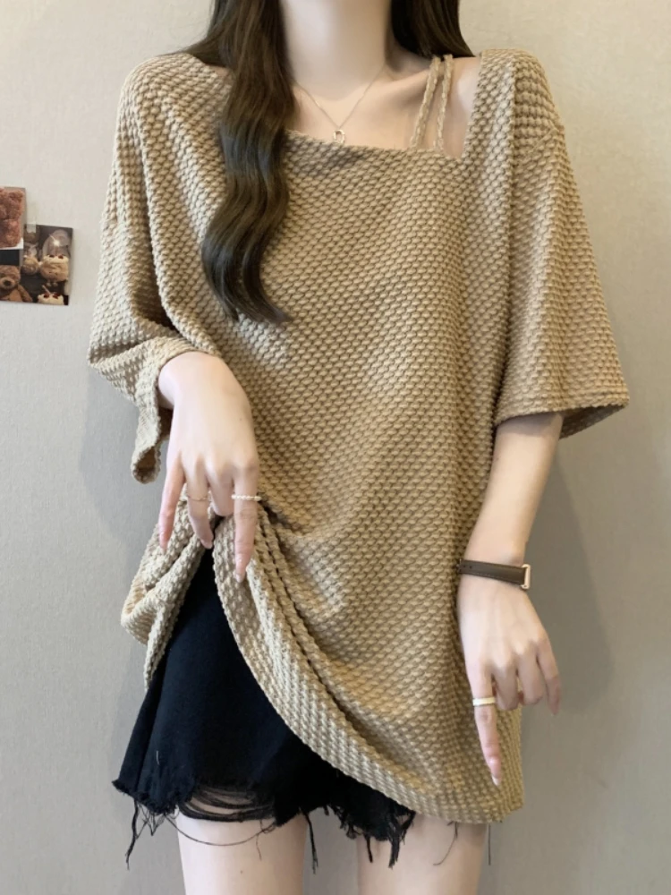 Summer Women's Short Sleeve T-Shirt Design Sense Clavicle Large Size Slimming Base Shirt Mid-Length Butt Covering Top
