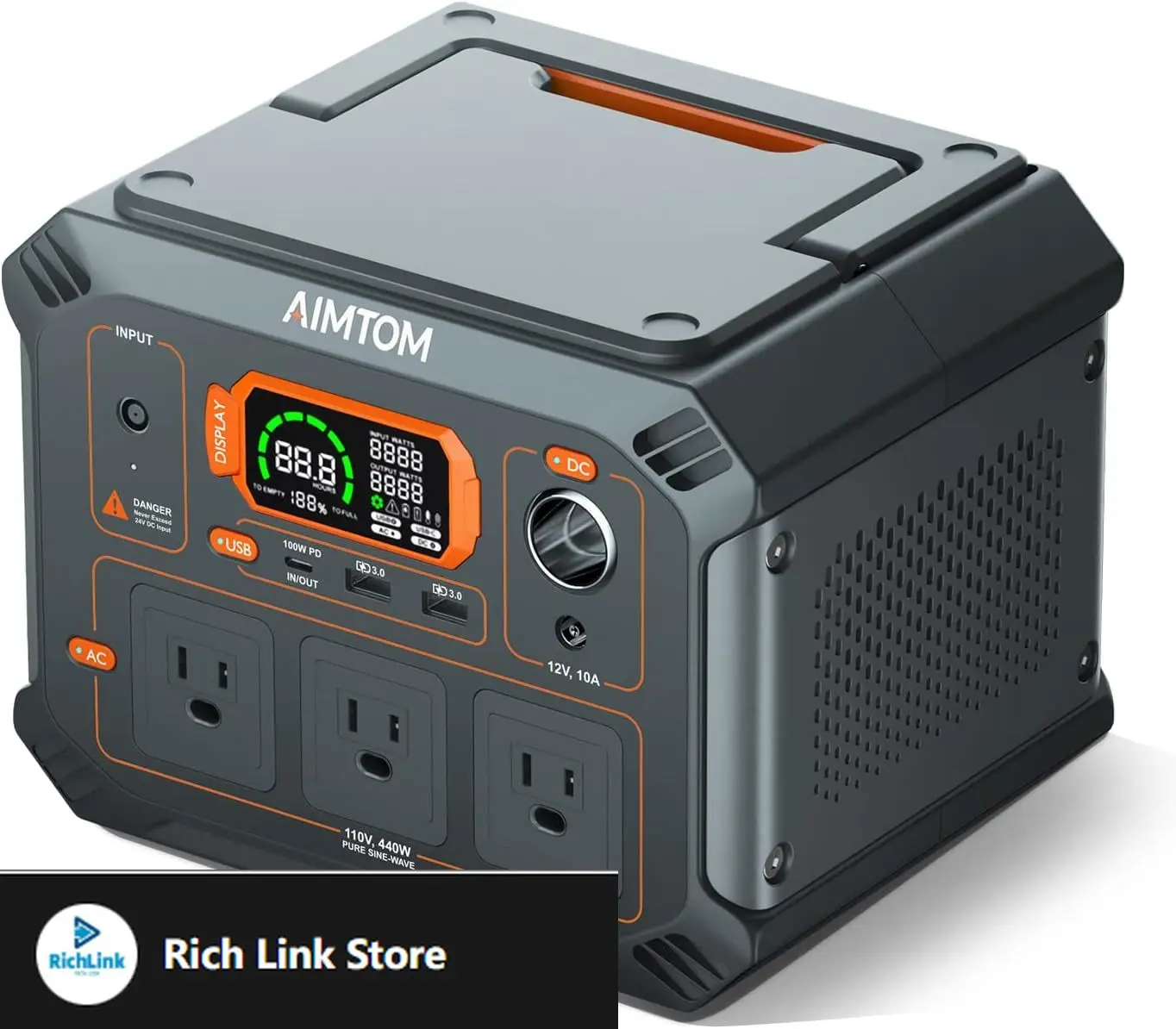 

403Wh Portable Power Station, 3x 440W (800W Surge) AC, USB, 12V DC, 100W Type-C, LED Light