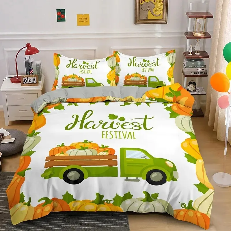 Autumn Pumpkin Truck Bedding Set Boys Girls Twin Queen Size Happy Fall Thanksgiving Duvet Cover Pillowcase Bed Kids Adult