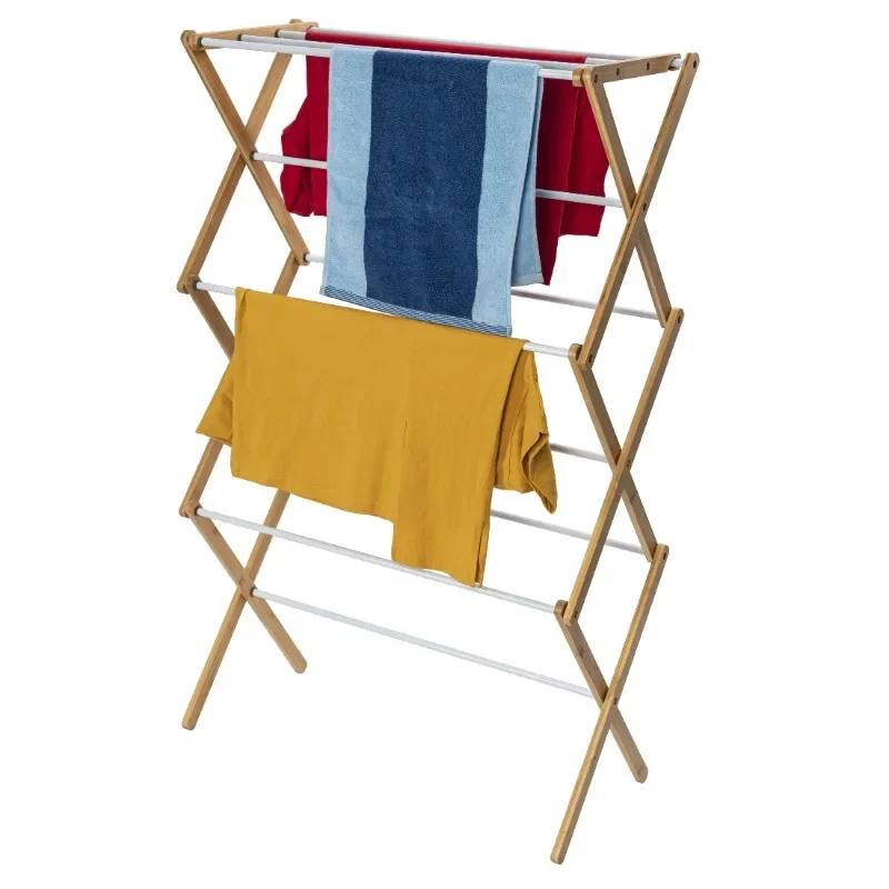 3 tiers Folding Laundry Storage & Organization Cloth Stand Steel and Bamboo Material Expandable Clothes Dryer