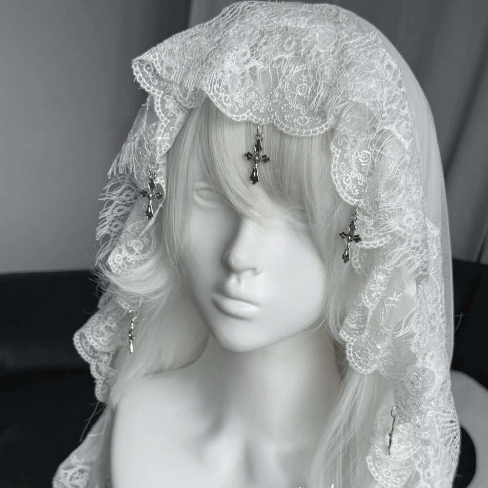 Y2K Gothic Lace Cross Vintage Bandana Headpiece Dark Lolita Tulle Head Cover Halloween Cosplay Dark Aesthetic Hair Accessories