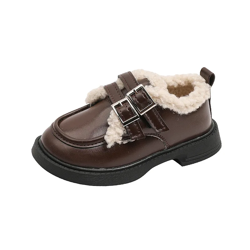 Scarpa in pelle per bambini 2023 mocassini in peluche invernali scarpa moda ragazzo studente ragazza calda scarpa calda per bambini per ragazzo