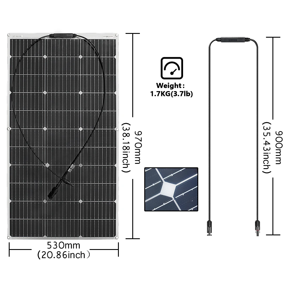 New Size 18V 100W Flexible Solar Panel 200W 300W Waterproof Monocrystalline Panel for Camping RV