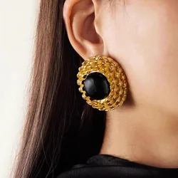 Vintage Gold Plated Black Geometric Metal Round Stud Earrings for Women Girls Simple Personality Trendy Jewelry Gifts
