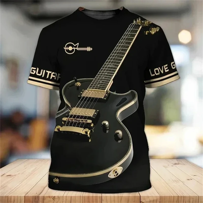 New Fashion Men\'s T-shirt 3D Guitar Lover Print Short Sleeve Street Hip Hop Music Tee Shirts Casual Oversized Round Neck Tops