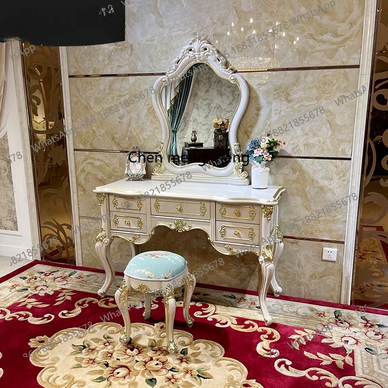 

French solid wood dresser European luxury simple carved curved combination bedroom dressing table furniture