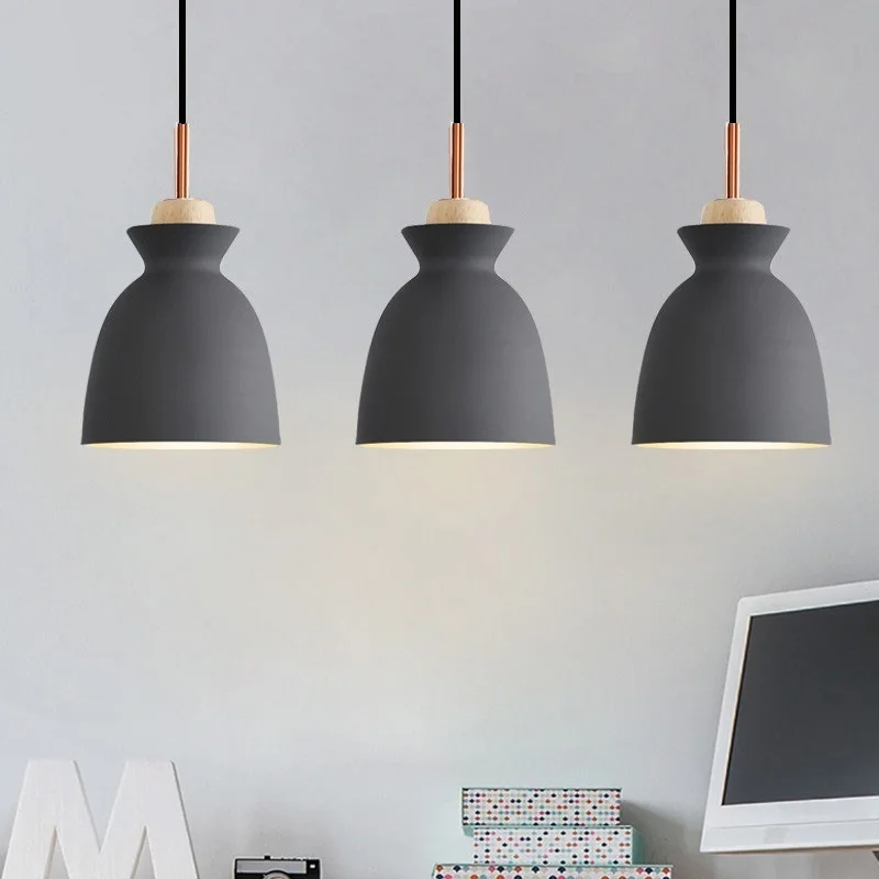 

Kitchen Pendant Light Bedroom Wood Lamp Dinning Room Ceiling Lights Office Gray Lamps Home Modern Chandelier Lighting Free Bulb