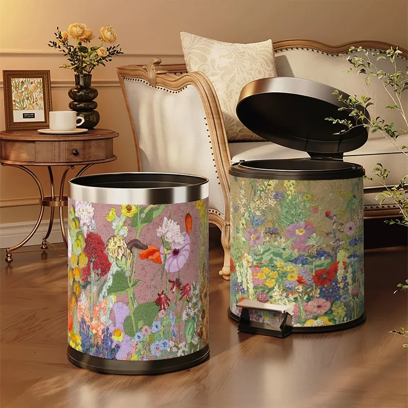 Second-hand style trash can 2025 new oil painting style home high-end living room bedroom kitchen leather large-capacity paper b