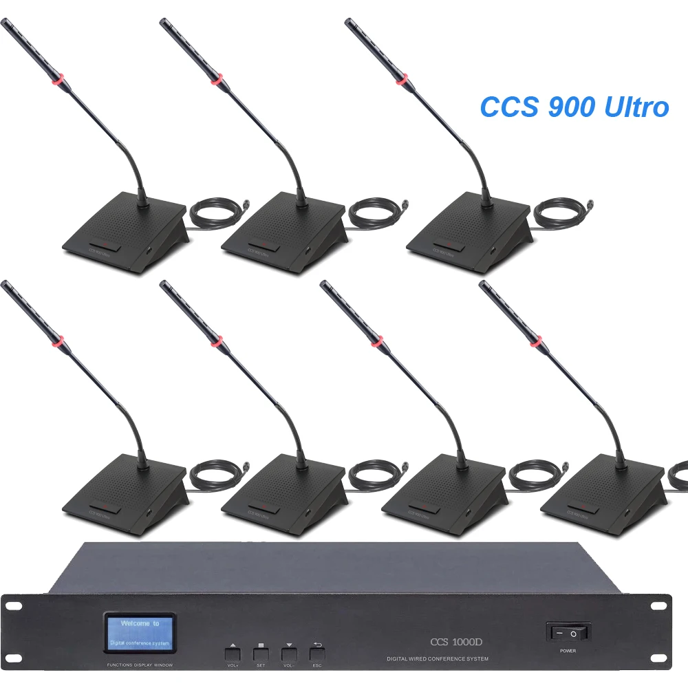 

Конференц-система CCS 900 Ultra 10 - с микрофонами, LCD-дисплеем CCS1000D, встроенными динамиками и микрофонами, проводные кабели 2,1 м/10 м