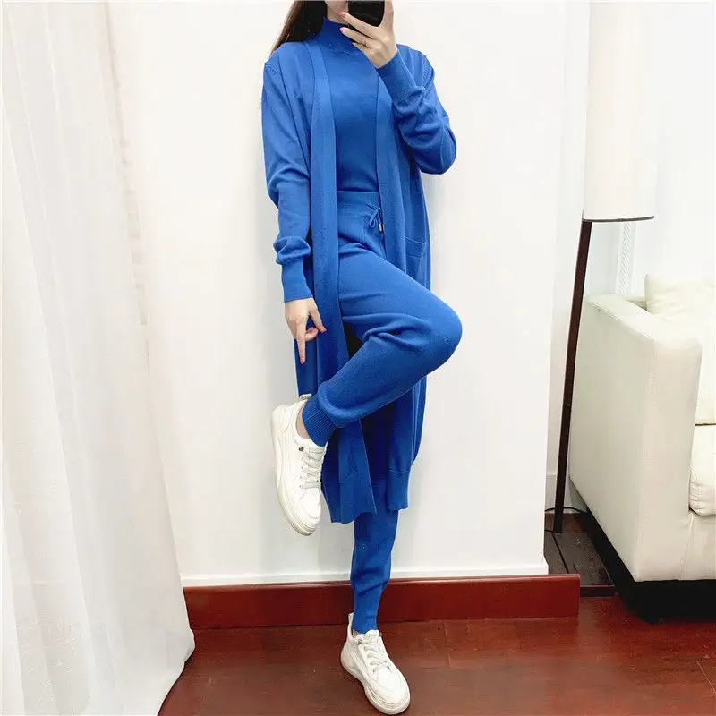 Winter Women Knitted 3 Pieces Set Casual Thicken Jacket Sweater Coat +Knitted Top +pant 3PCS Suits Warm Set 2024 E1550