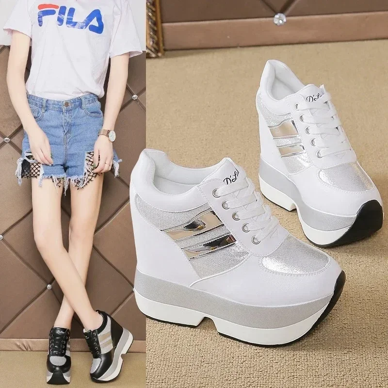 2023 Autumn Women High Platform Shoes Height Increasing Casual Shoes 12 CM Thick Sole Trainers Breathable Shoes Women Sneakers