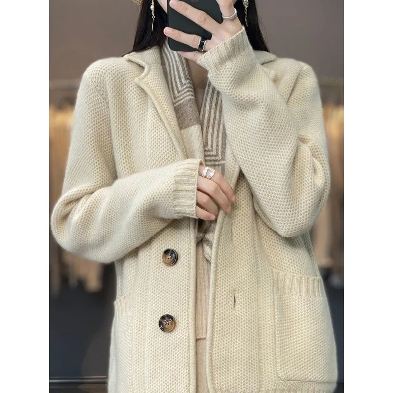 Suit Collar Thickening Type Sweater Cardigan Jacket Female New Autumn and Winter Models Loose Lazy Wind All-match Knitwear Tide