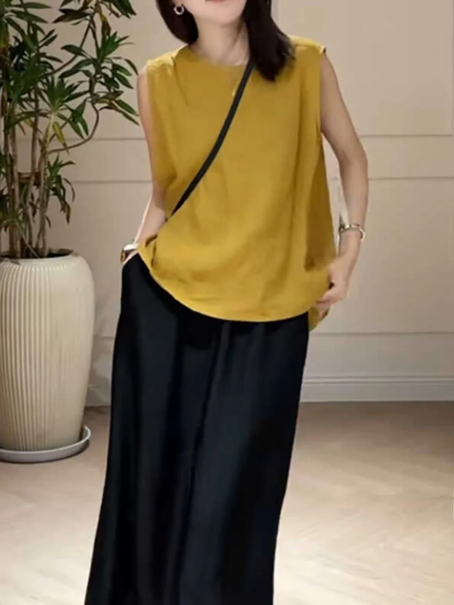 Asymmetrical Large Size Cotton Linen Sleeveless Vest Pure Color Single Button Split Front And Back Wear Summer T-Shirt Women'...