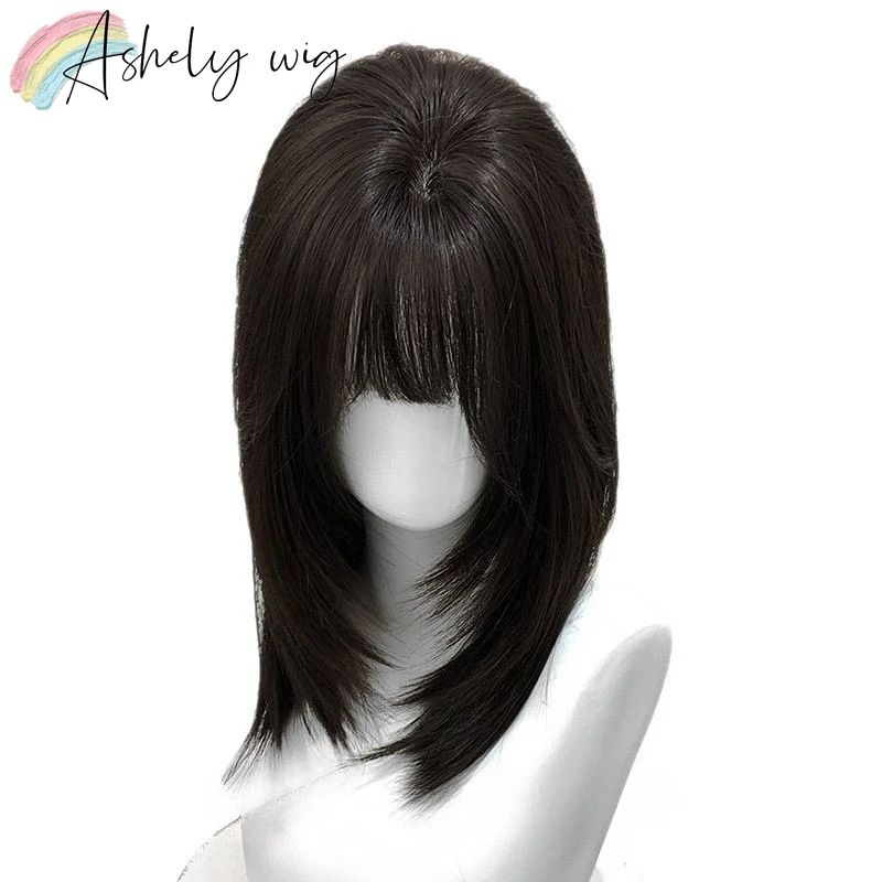 Ashely 黒かつらショートストレート 16 インチヘアウィッグ前髪ヘッドバンドかつら高温繊維合成かつらロリータコスプレ