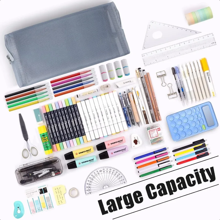 Aosbos Groot potloodetui Esthetisch etui Doorzichtige pennenbakje Mesh potloodzakken met ritssluiting Penetui Penopbergzakje Grijs