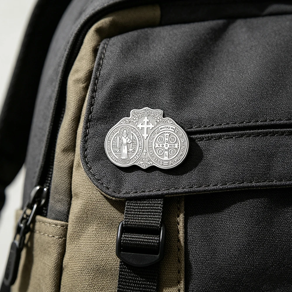 Religious Medal Brooch Saint Benedict St. Christopher Stainless Steel Catholic Holy Badge Lapel Pin Jewelry Amulet for Suit Hat