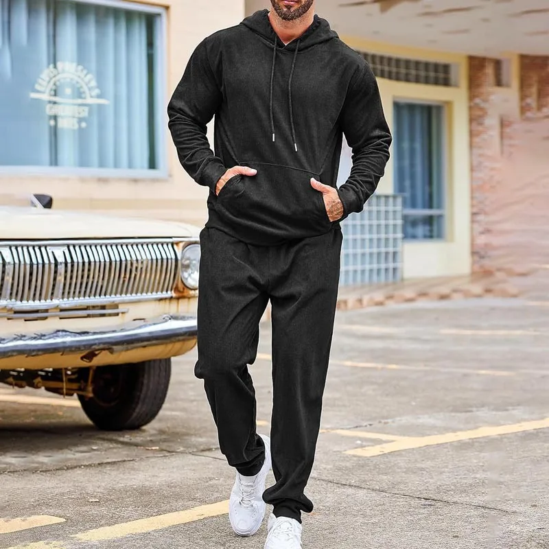 

2025 Autumn Winter Fashion Men's Solid Color Casual Trendy Loose 2 Piece Sets Hooded Sweatshirts Striaght Trousers Male Clothes