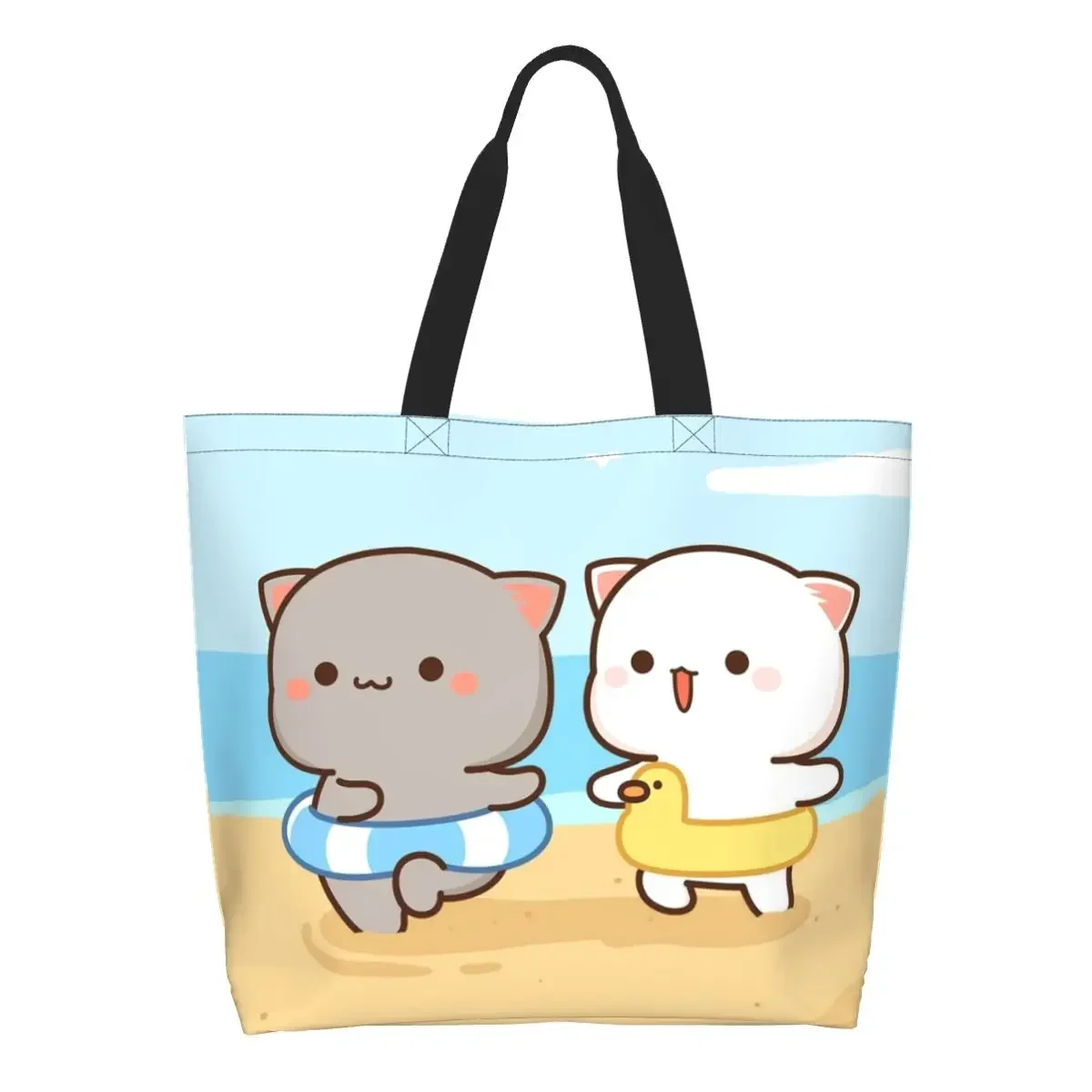 Peach And Goma Groceries Shopping Tote Bags Women Fashion Cartoon Mochi Cat Canvas Shopper Shoulder Bag Big Capacity Handbag