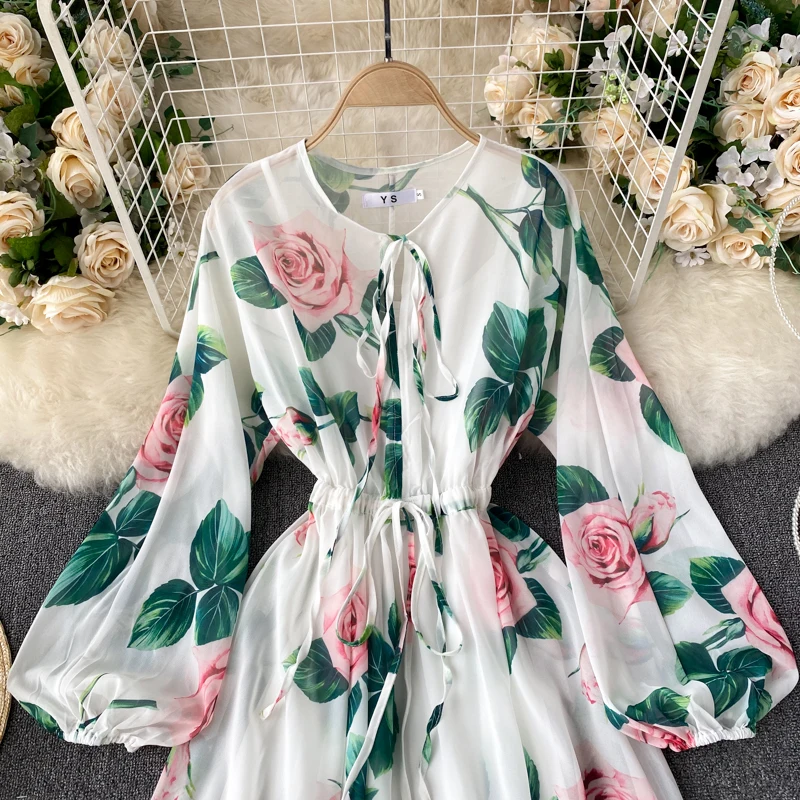 French Elegant Lantern Sleeves A-line Dress Spring and Autumn New Flower Print Slim Fit Temperament Long Dresses for Women