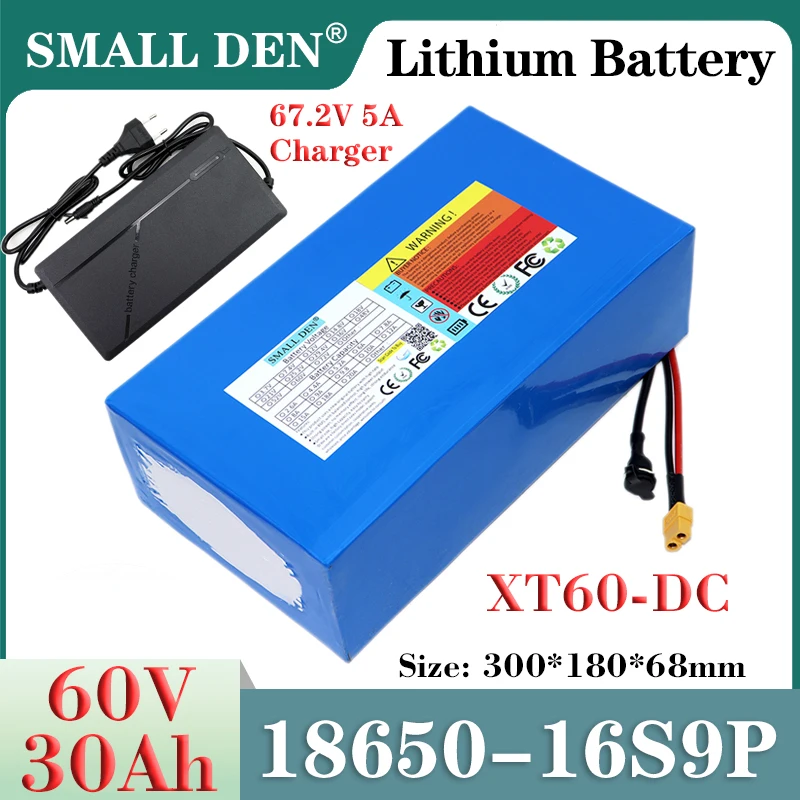 

60V 30Ah 18650 Lithium battery pack 16S9P 2500W High power With BMS For Electric Motorcycle scooter tricycle + 67.2V 5A Charger