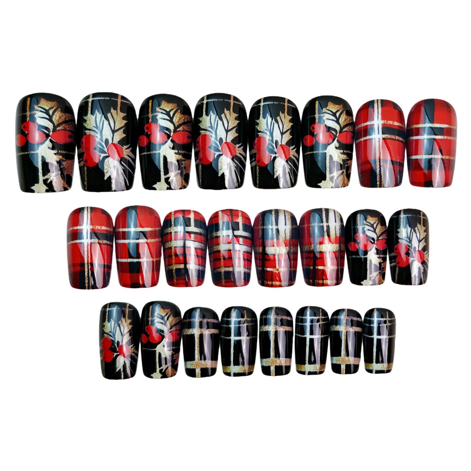 24 قطعة عيد الميلاد الأظافر وهمية الأحمر/الذهب/أسود مخطط تصاميم قصيرة مربع الصحافة على الأظافر للنساء السنة الجديدة حفلة سحر مانيكير
