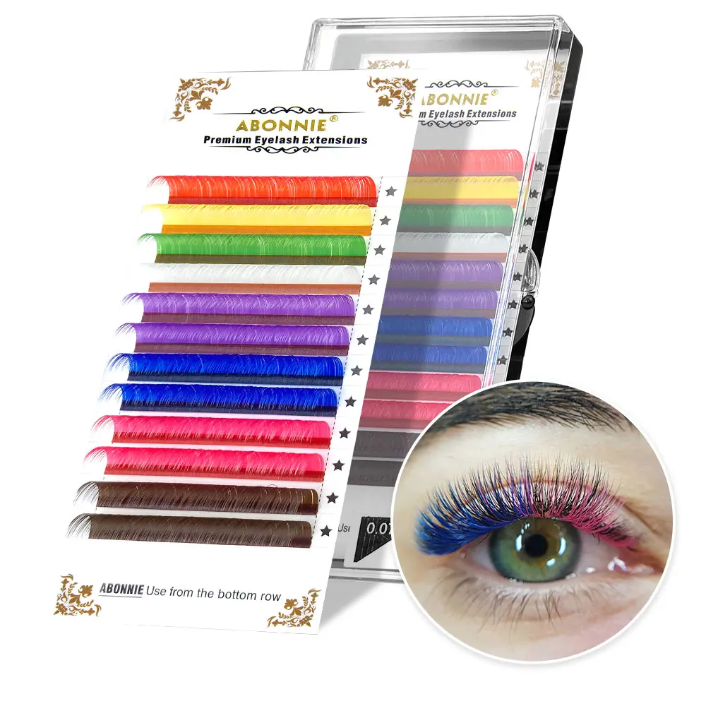 Abonnie 12Rows Blue Purple Pink Yellow Brown White Green 8 Color Eyelash Extension Mix Colored Eye Lashes Faux Cilios