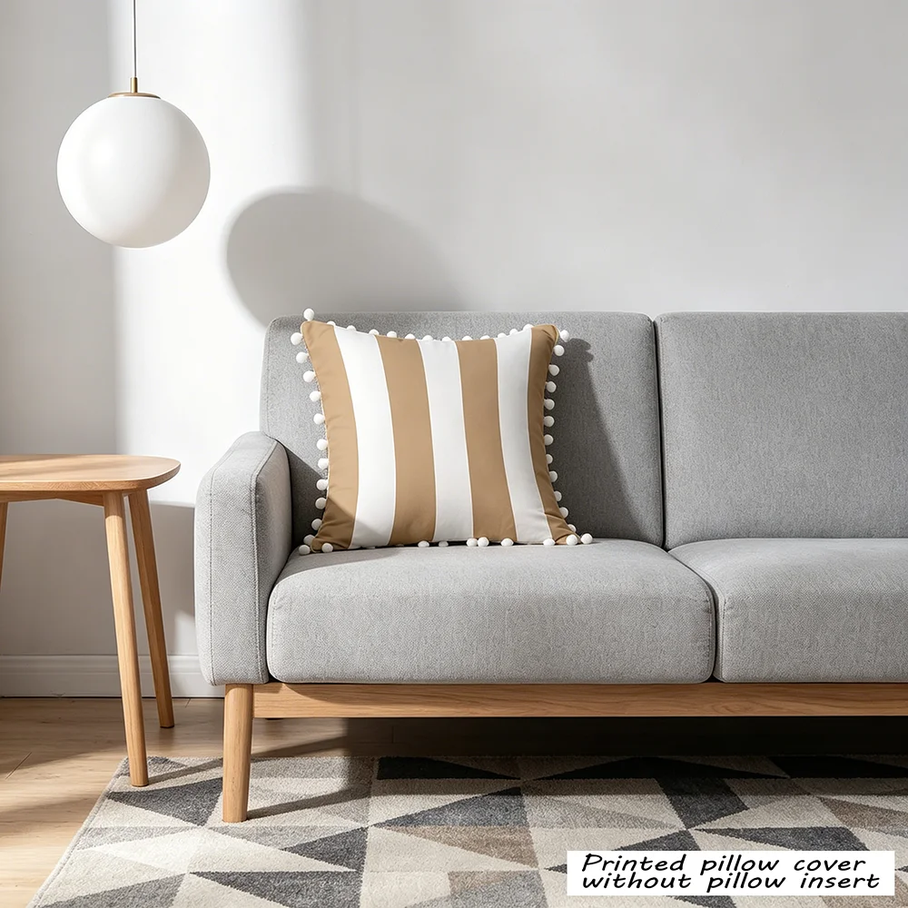 1PCS khaki white striped 2D printed wool ball tassel pillowcase with simple Nordic style cushion cover, no pillow core