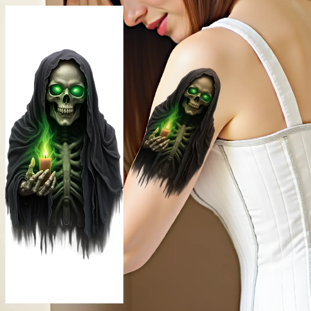 

3pcs Temporary Tattoo Colorful Realism Hooded Skeleton With Lantern Skull With Blue Flowers Skull With Green Flame For Men