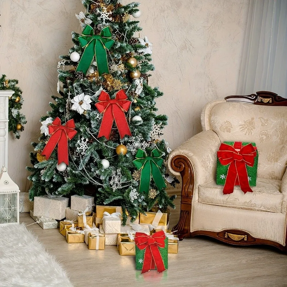 Golden Edge Christmas Tree Velvet Ribbon 6.4cm Wide 1Roll 5Yard Bow Decorative Ribbon Red Green DIY Crafts Wreath Ribbon