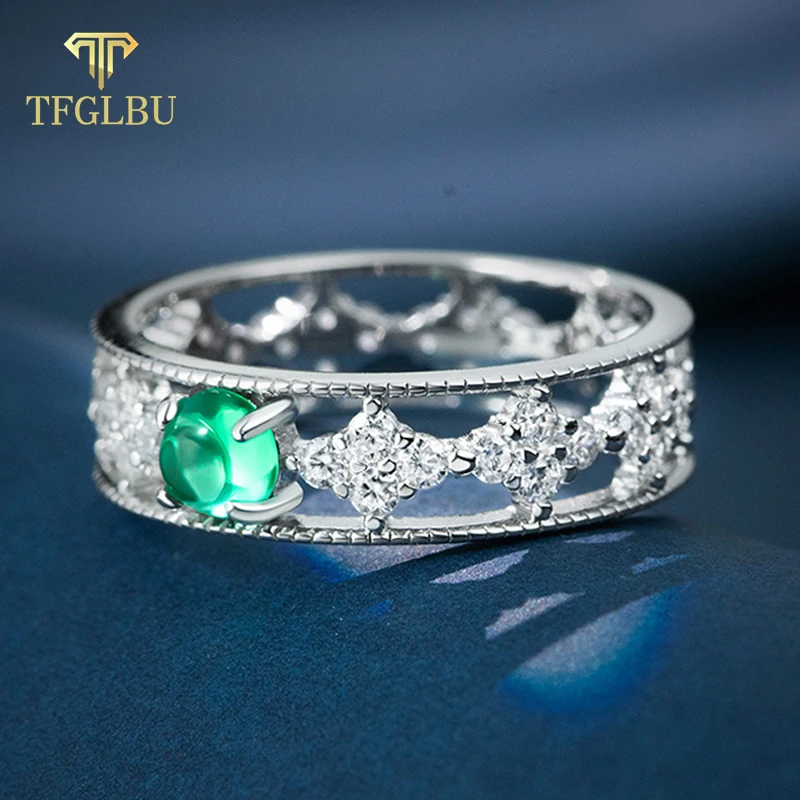 TFGLBU Trendy 4.5mm Real Colombian Emerald Ring for Women/men Vintage Gemstone Solid 925 Silver Band Wedding Luxury Jewelry