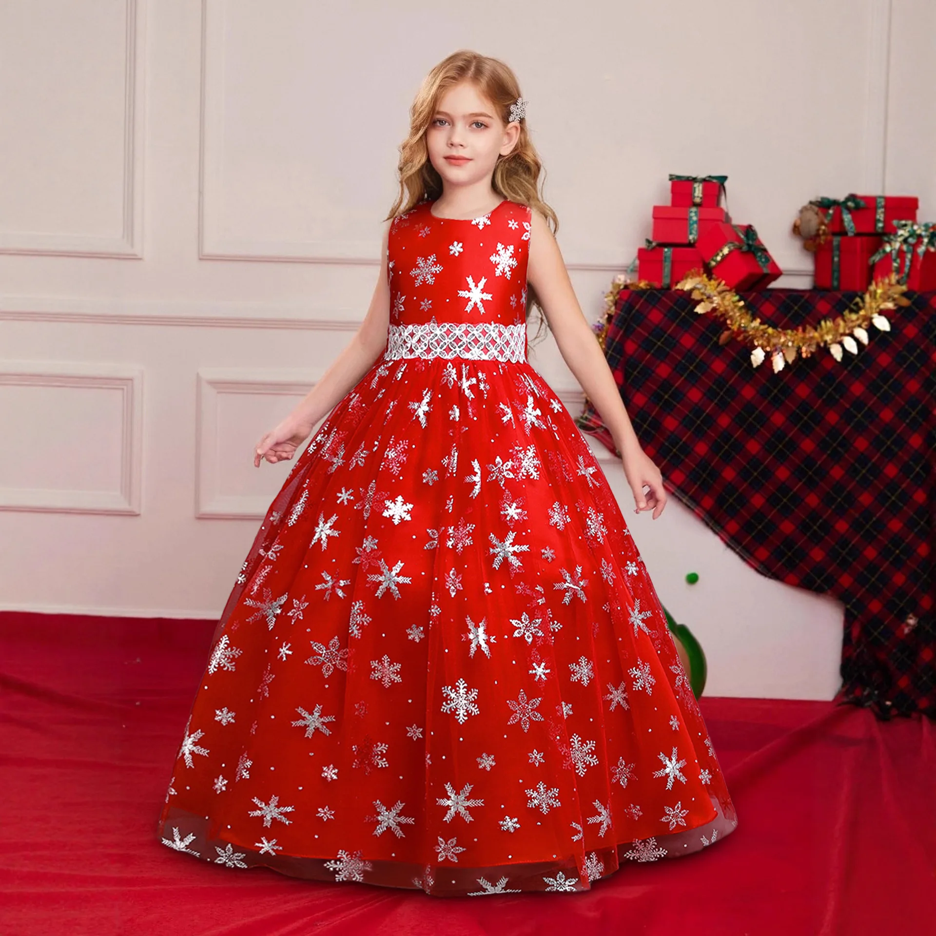 

Children Christmas Party Costume Red Stars Sequins Long Princess Dress For Girls Xmas Birthday Wedding Prom New Year Maxi Gown