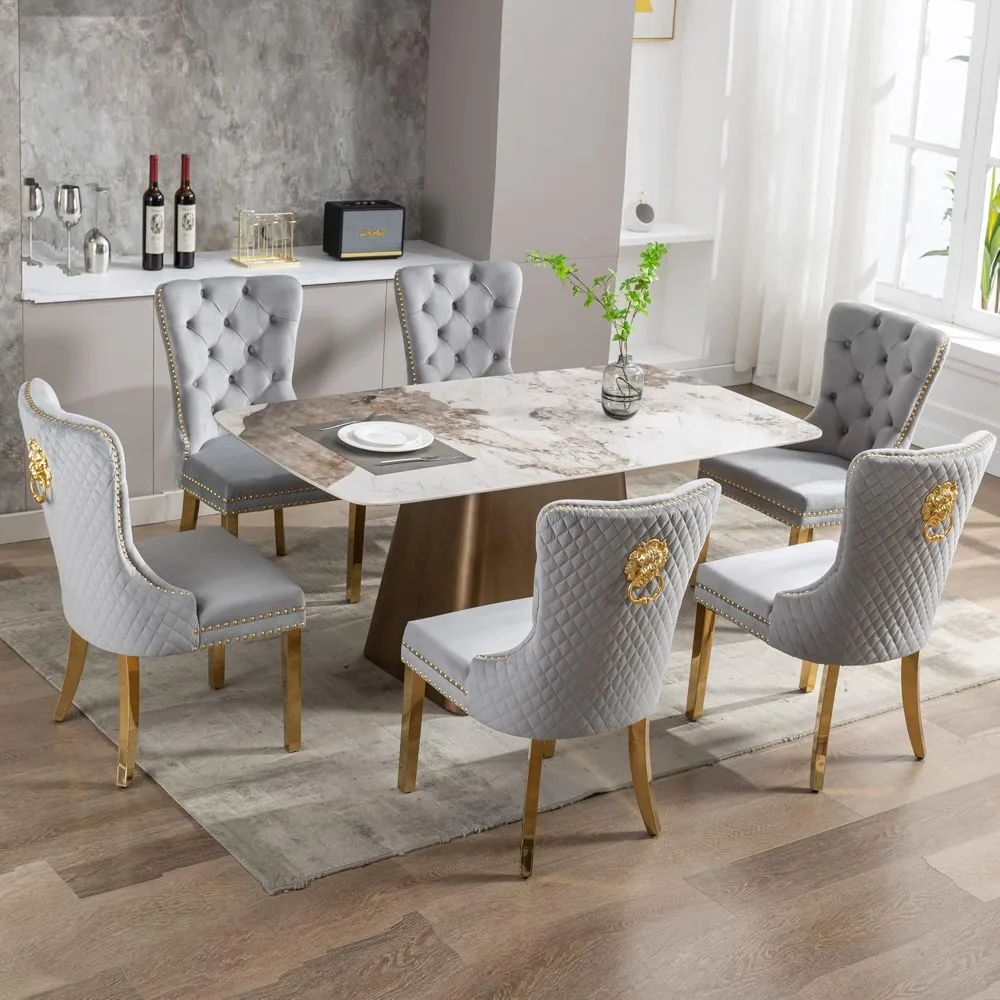 Velvet Upholstered Dining Chairs Set of 6, Modern Button Tufted Chairs with Lion Head Pull Ring and Stainless Steel Legs