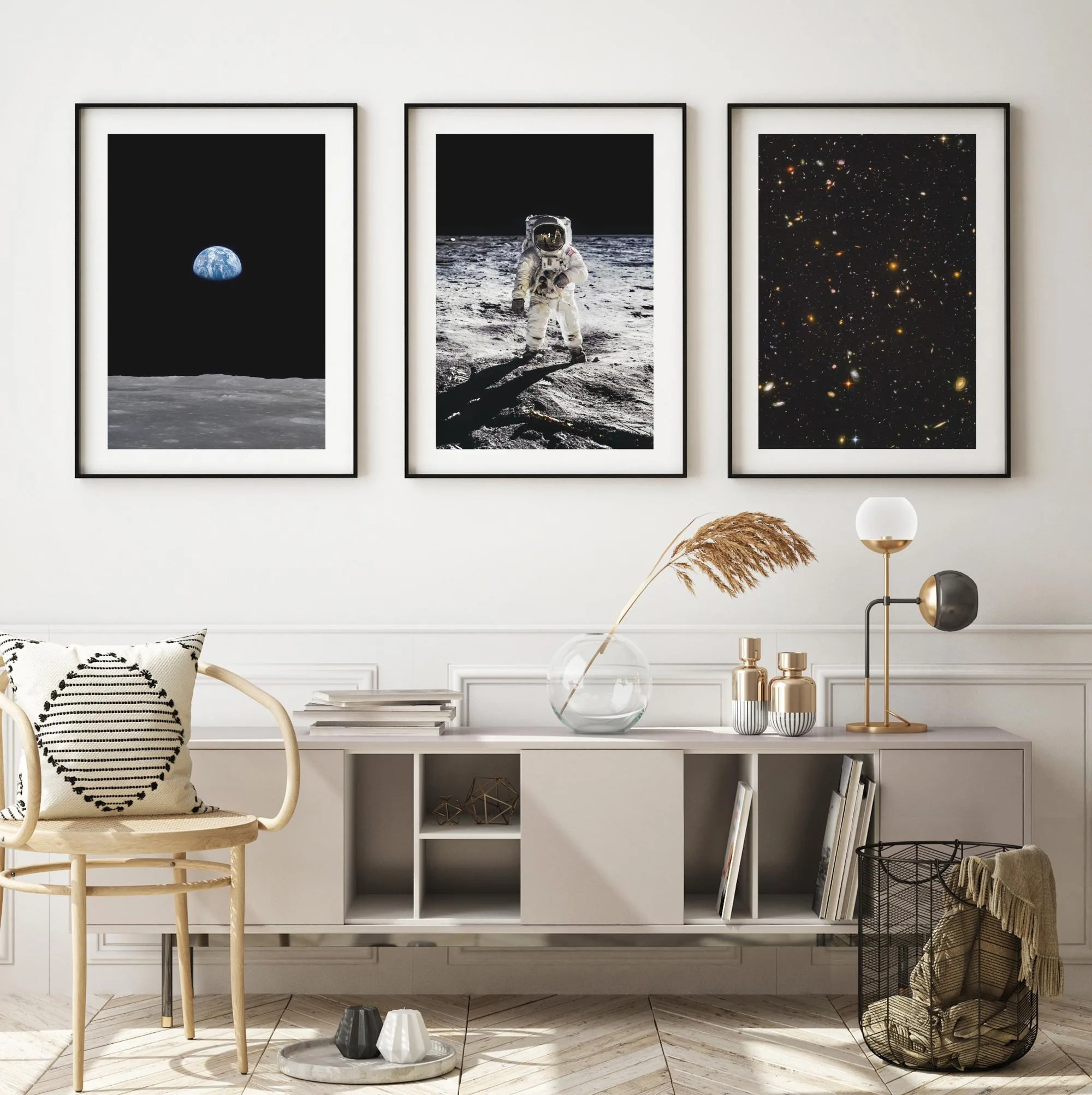 Space-themed print set Moonwalk photographs Earth rising cosmic starry sky artwork canvas print art posters modern home decor