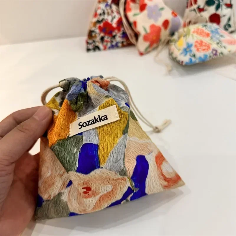 Drawstring Coin Bags Purse Money Keys Earphone Cotton Fabric Organizer Pocket Bags Flower Lipstick Toiletry Makeup Storage Bags