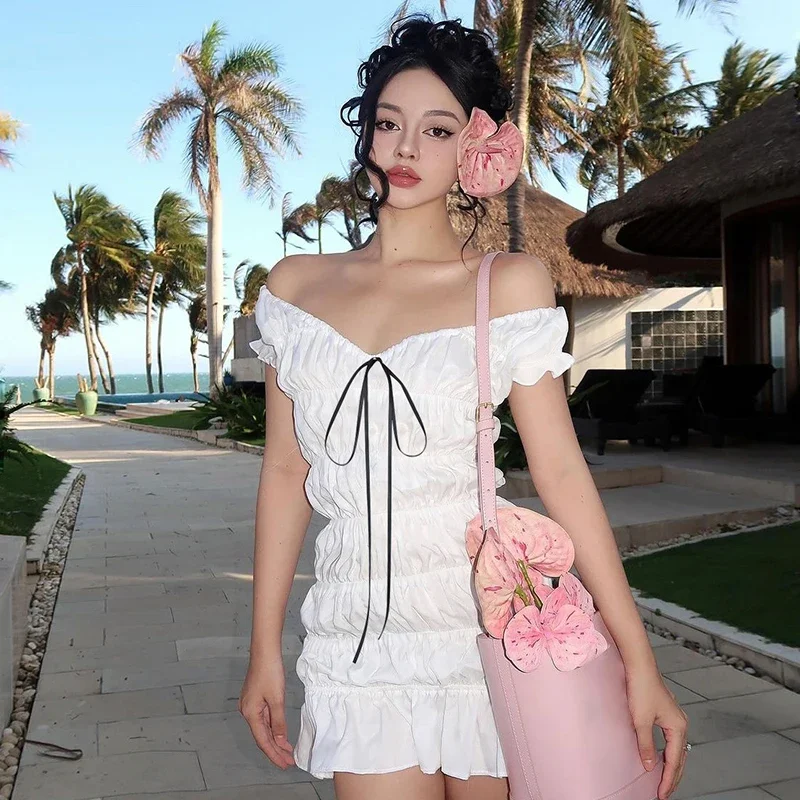 

Elegant Solid V Neck Short Sleeve Ruched Bow Sexy Slim Pleated Mini Dress Summer Women Outfits Birthday Party Festival